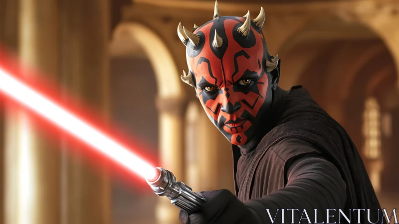 Masked warrior with horned head holds red energy weapon