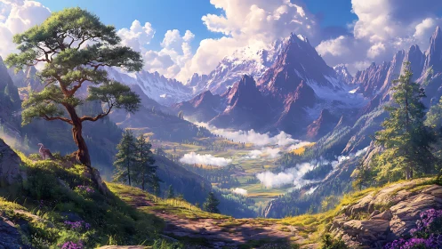 Mountain valley landscape with lone tree and distant peaks.