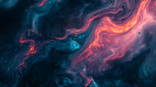 Cosmic magma currents flow through neon teal void.