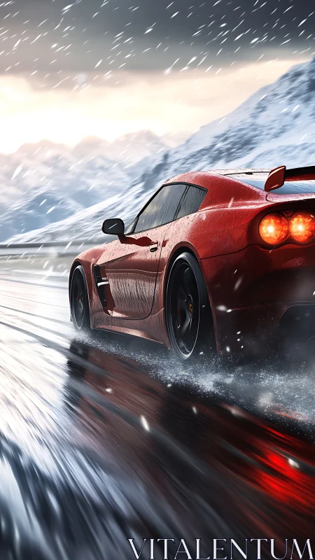 Red supercar races through a stormy alpine mountain pass