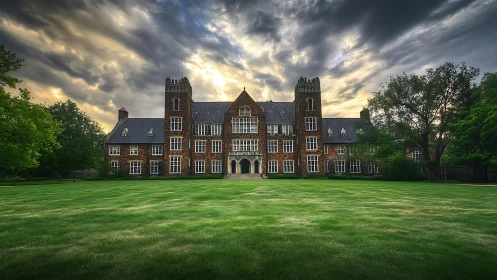 Historic brick college hall stands under dramatic stormy sky