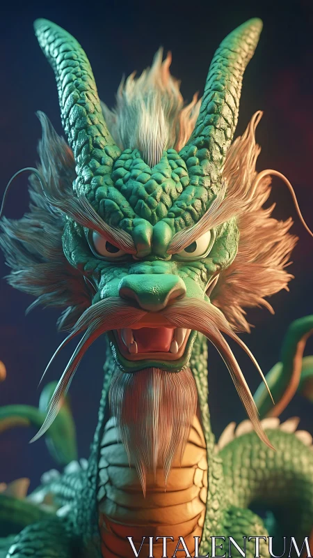 Green oriental dragon close-up with fierce expression.