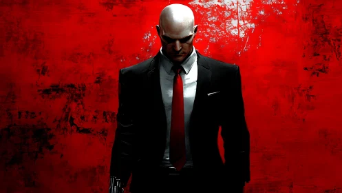 Bald suited figure against distressed red abstract backdrop.