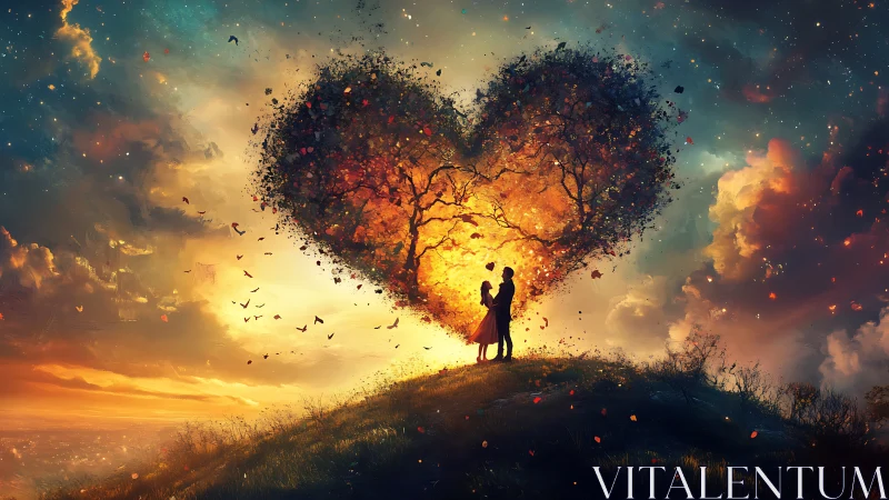 Silhouetted couple beneath heart-shaped fire tree at golden hour