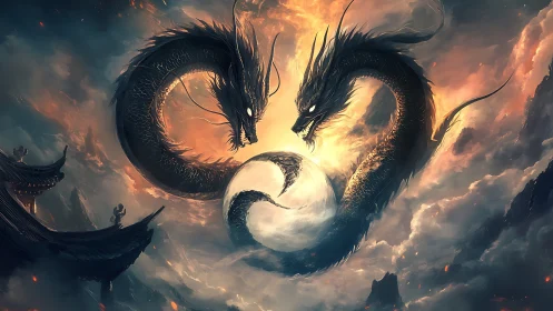 Twin celestial dragons circling a glowing yin yang sphere.