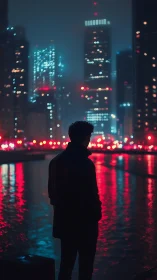 Silhouetted observer beside neon-lit river in foggy megacity.