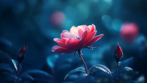 Red flower bloom with water droplets against blurred dark background.