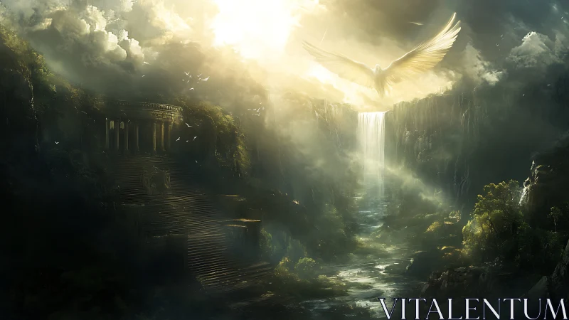 Winged figure above waterfall and ruins in misty gorge.