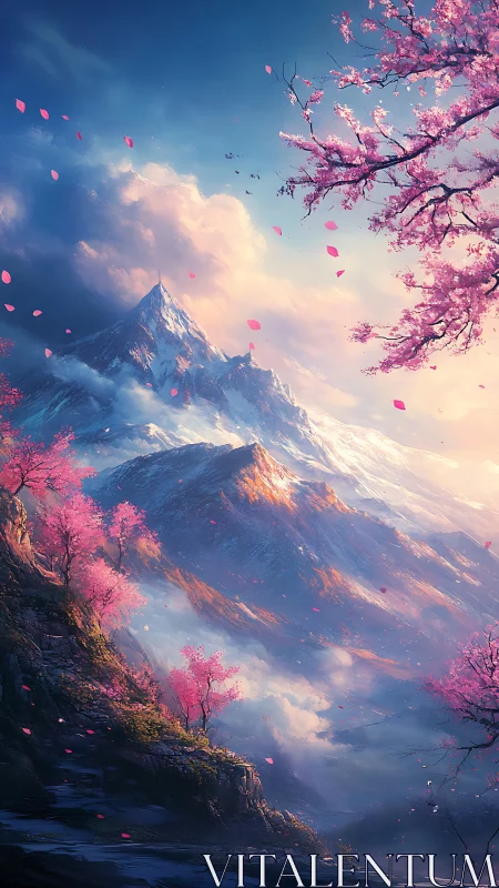 Blossoming mountain sunrise wrapped in soft pink and gold light.