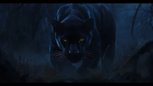 Black panther stalking through nocturnal forest environment