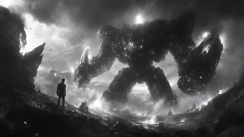 Colossal mech looms over lone figure in ruined wasteland.