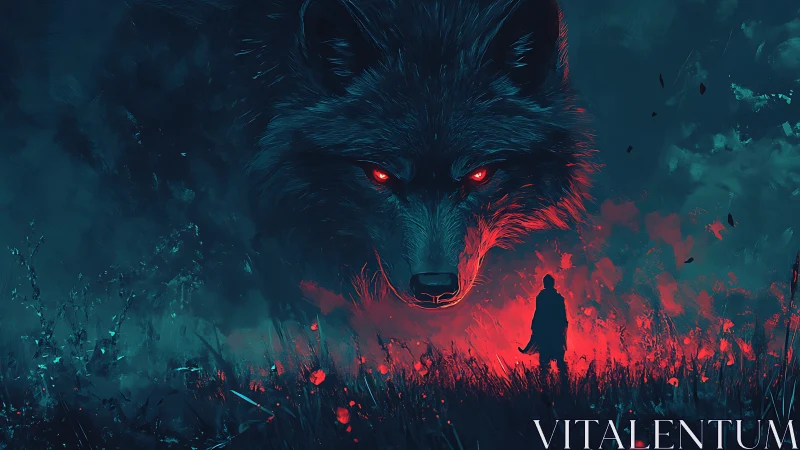 Scarlet-eyed wolf spirit confronts a lone wanderer at dusk