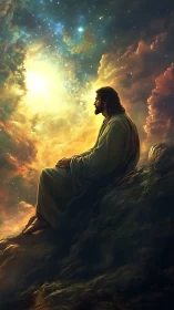 Contemplative robed figure on rocky ledge under luminous nebula