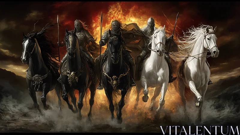 Four armored riders on warhorses before burning sky.