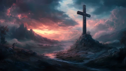 Cross stands on rocky hill within misty valley at sunset