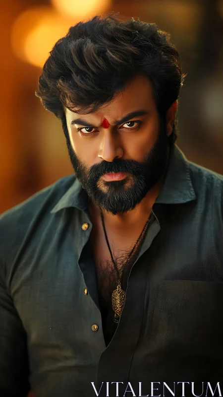 Bearded man with red forehead mark in shallow focus portrait.