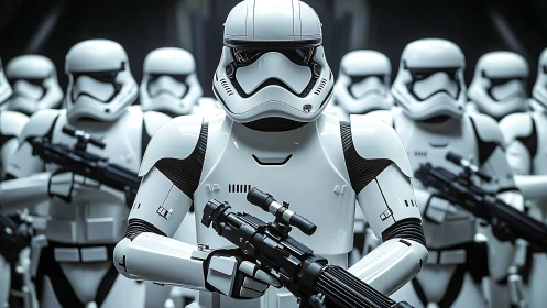 Armored sci fi troopers stand in formation with rifles ready.