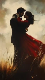 Couple in Wheat Field, Man Lifting Woman in Red Dress
