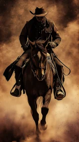 Cowboy on galloping horse emerges from dust in sepia chiaroscuro