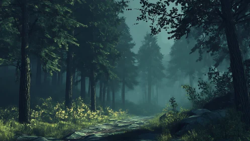 Misty Forest Path Through Towering Ancient Trees