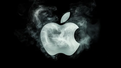 Apple logo silhouette with internal smoke plumes on black.