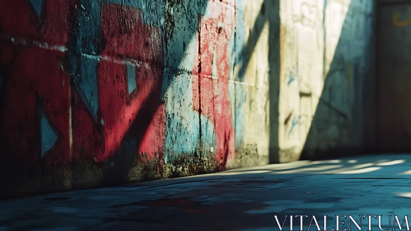 Rust-streaked graffiti corridor in raking afternoon light.