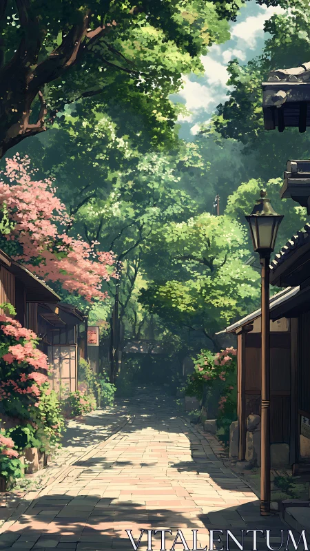 Tree-lined stone lane between traditional wooden houses.