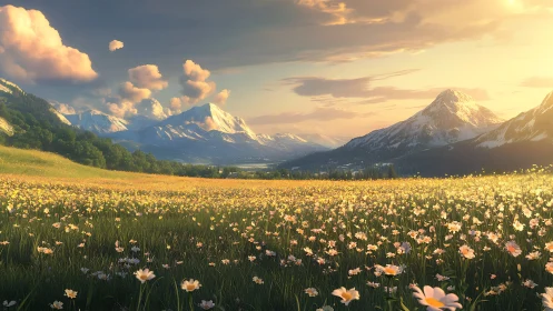 Sun-kissed wildflower kingdom beneath hush-tipped peaks.