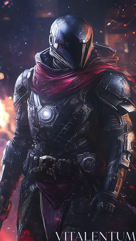 Armored sci fi warrior in helmet and red scarf stands poised.