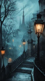Moody fogbound staircase with gaslit Victorian street.