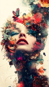 Female face merges with vivid floral and butterfly abstraction