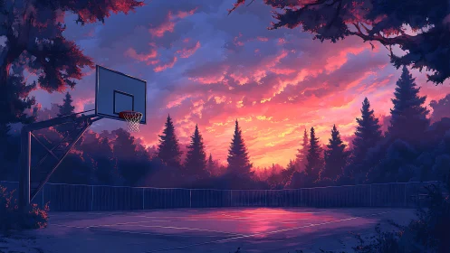 Twilight forest court under vivid pink and violet sunset sky.