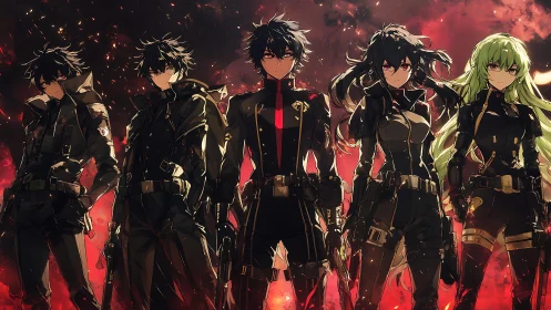 Five armed anime soldiers in dark uniforms before red sky.