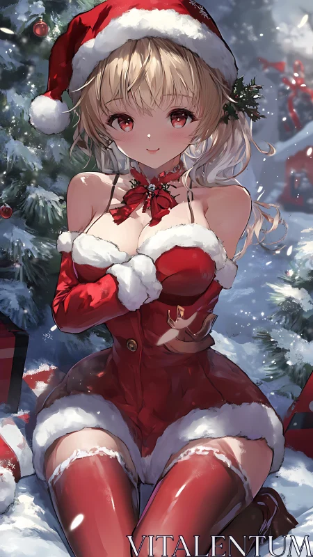 High-saturation winter portrait of festive anime character.