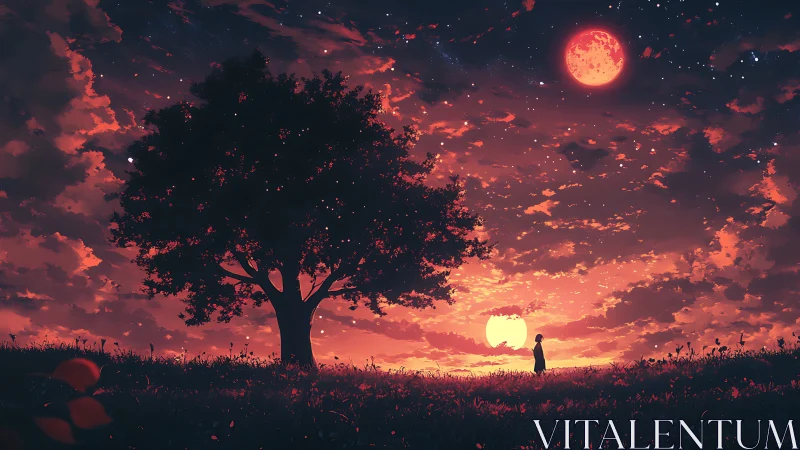 Twin moons over ember fields and a solitary dreamer.