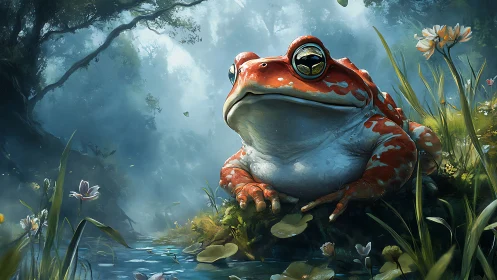 Digital painting of majestic frog in misted forest wetland.