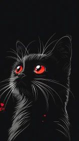 Black Cat with Red Eyes Against Dark Background.