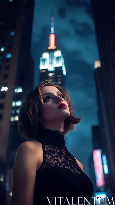 Woman in black dress below illuminated skyscraper at night.