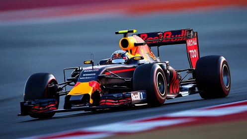 Formula racing car slices apex under vivid sunset light.