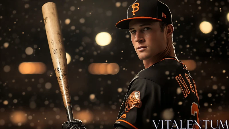 Focused baseball player waits under stadium lights before batting