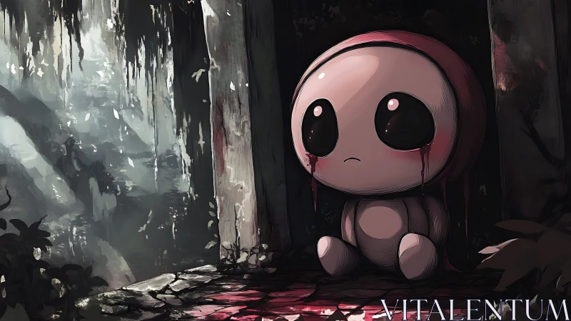 Melancholic doll sits bleeding tears in a shadowed forest