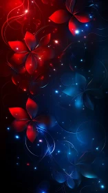Glowing red and blue blossoms drifting through starlit night.