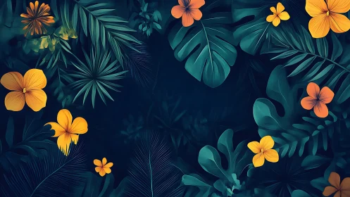 Tropical Floral Composition with Golden Blooms Against Deep Teal Foliage.