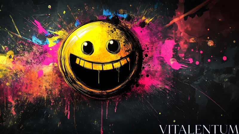 Bold neon smiley splashed with wild urban color energy.