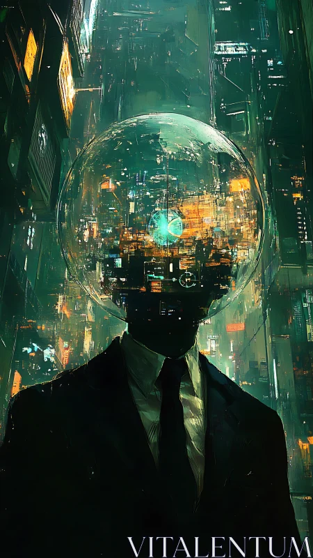 Neon city orbiting inside a glass headed midnight broker.