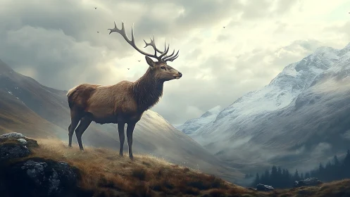 Stag standing in misty mountain valley under cloudy sky.