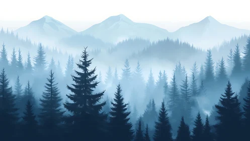 Misty Mountain Forest Landscape with Layered Pine Trees