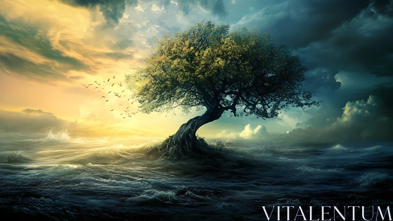 Solitary windswept tree over storm sea in cinematic light.