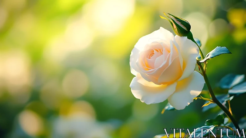 Cream Rose in Golden Light with Green Foliage Background.