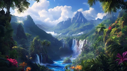 Lush tropical canyon with cascaded waterfalls under volumetric light
